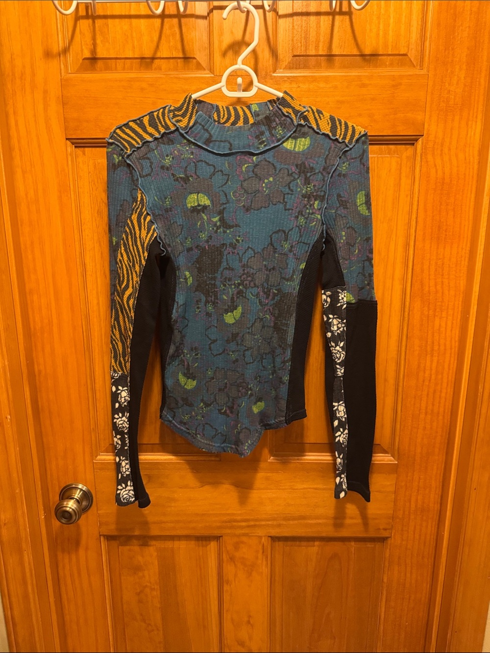 Free People Blue Floral Mixed-Print Long Sleeve Top